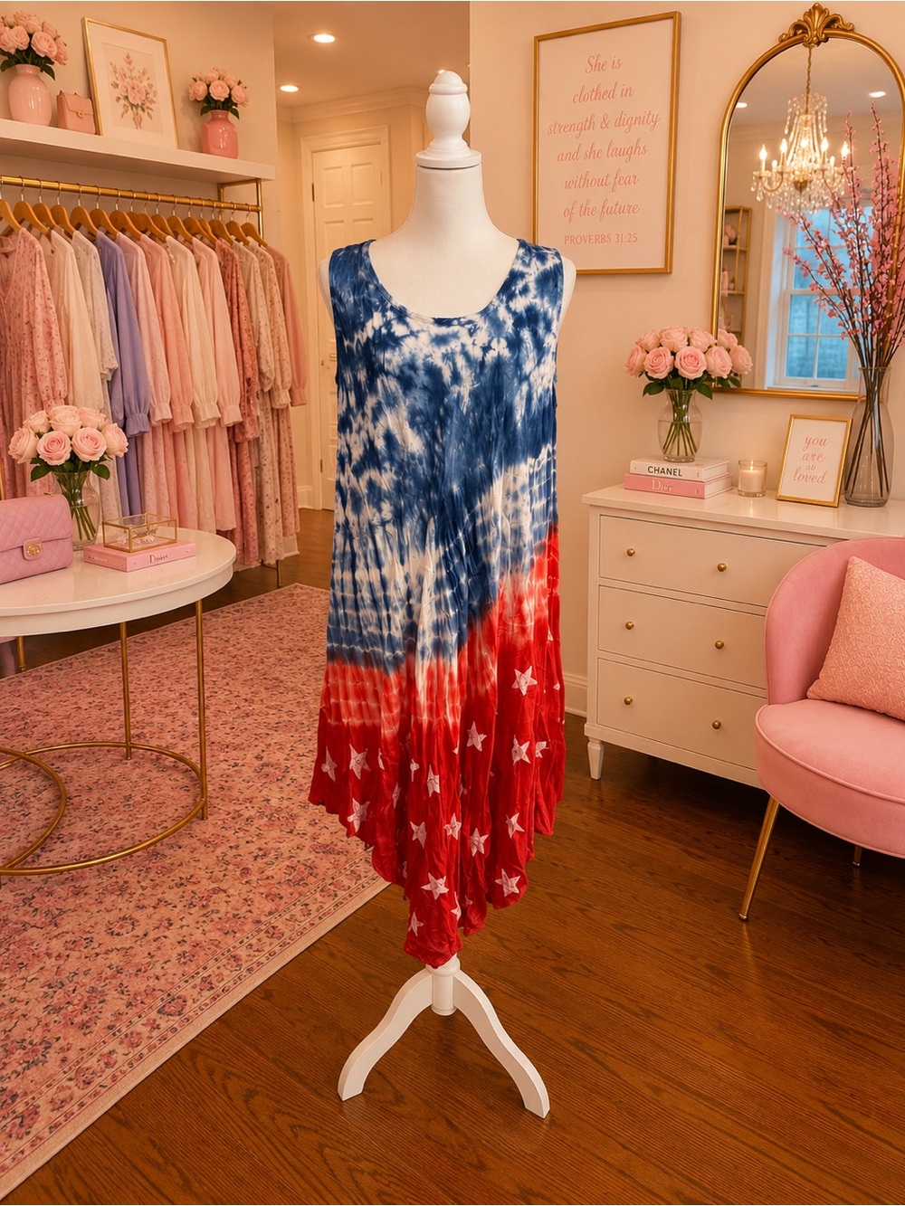 Seven Islands NWT One Size Patriotic Tie Dye Tank Dress Sparkle Stars Rayon